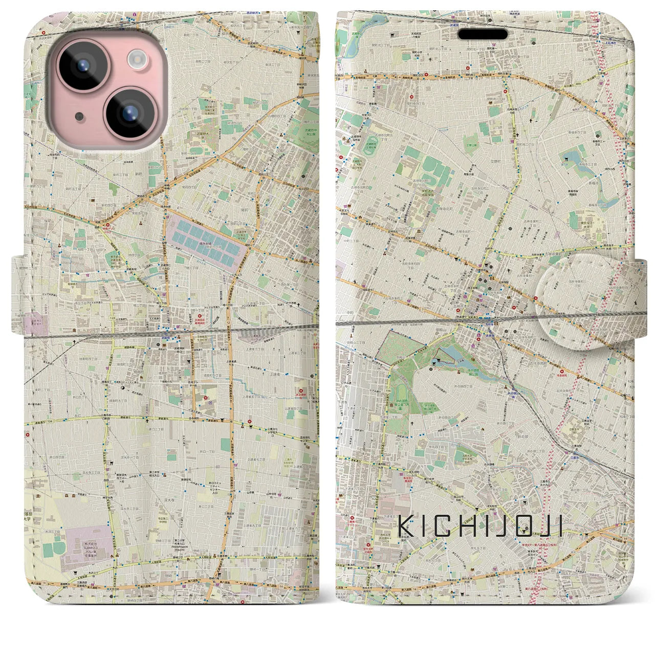 【吉祥寺2(東京都)】地図柄iPhoneケース(手帳タイプ)ナチュラル・iPhone 15 Plus 用