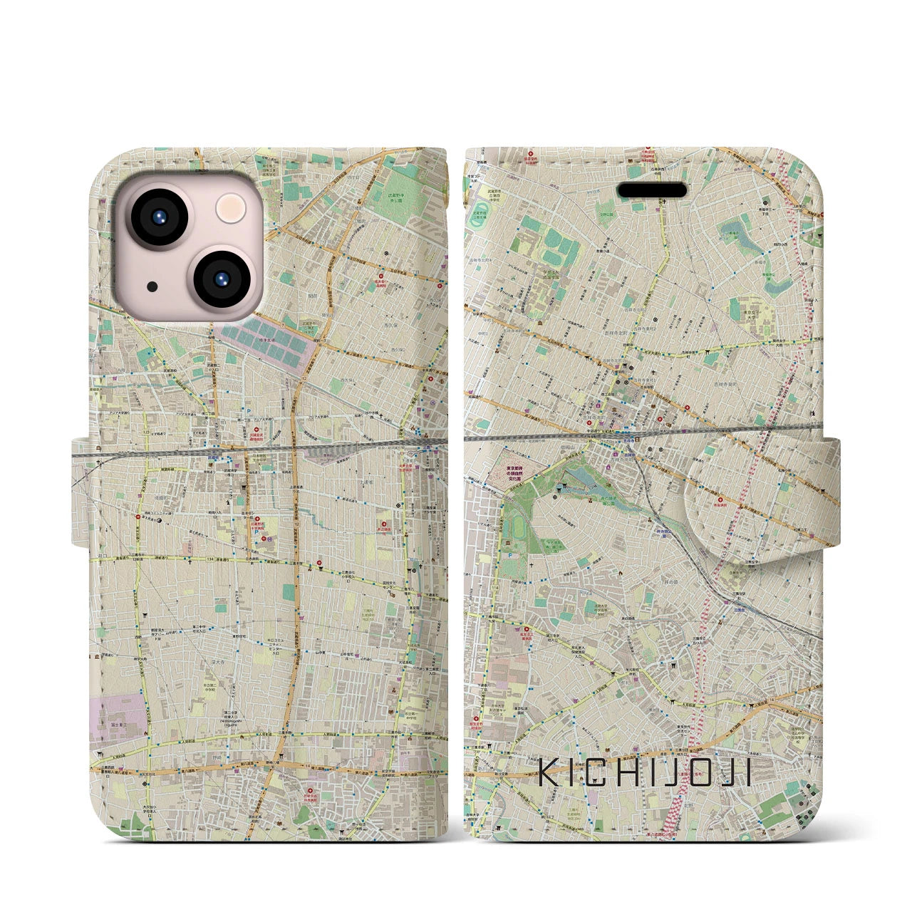 【吉祥寺(東京都)】地図柄iPhoneケース(手帳タイプ)ナチュラル・iPhone 13 mini 用