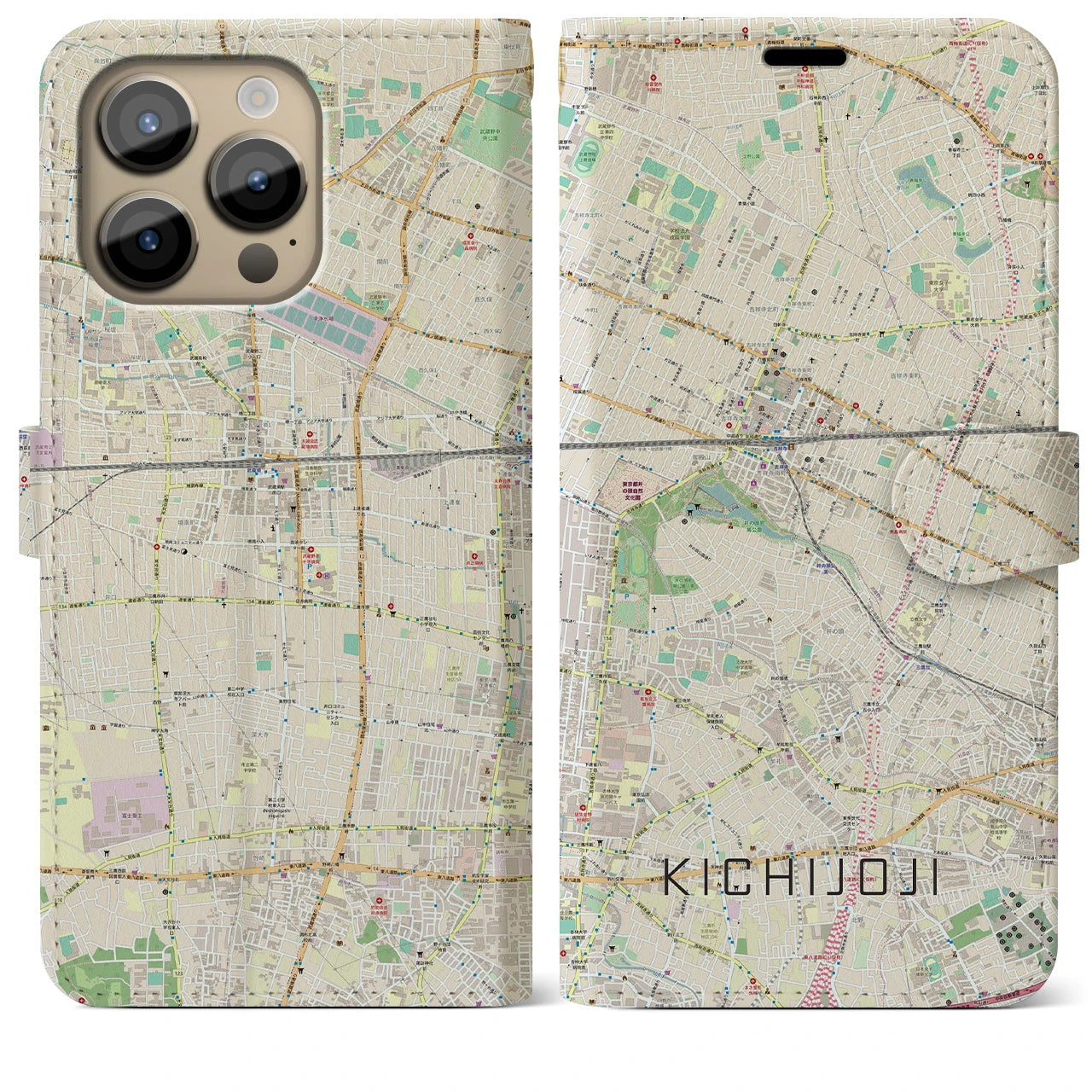 【吉祥寺(東京都)】地図柄iPhoneケース(手帳タイプ)ナチュラル・iPhone 14 Pro Max 用
