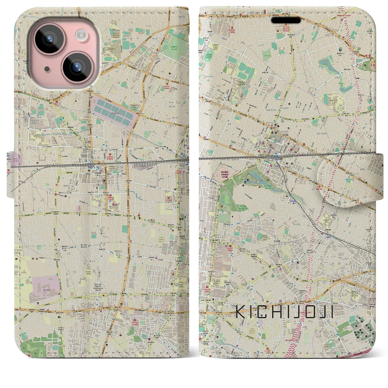 【吉祥寺(東京都)】地図柄iPhoneケース(手帳タイプ)ナチュラル・iPhone 15 Plus 用