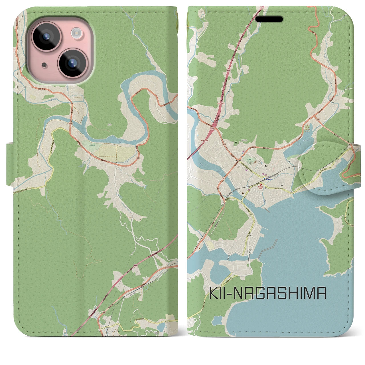 【紀伊長島(三重県)】地図柄iPhoneケース(手帳タイプ)ナチュラル・iPhone 15 Plus 用