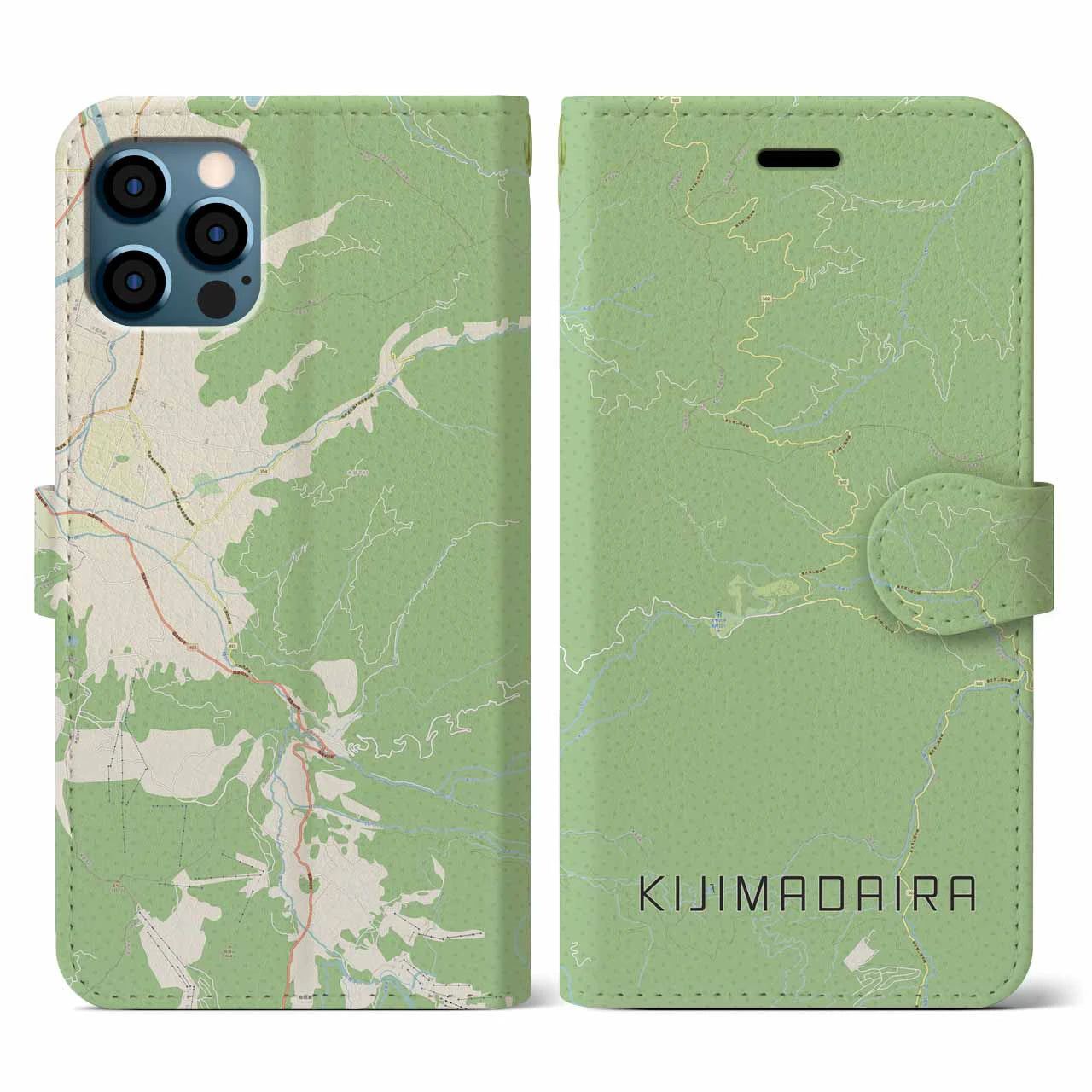 【木島平(長野県)】地図柄iPhoneケース(手帳タイプ)ナチュラル・iPhone 12 / 12 Pro 用