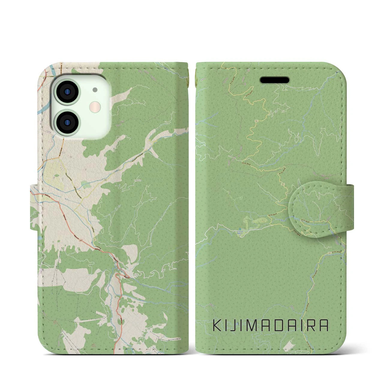 【木島平(長野県)】地図柄iPhoneケース(手帳タイプ)ナチュラル・iPhone 12 mini 用