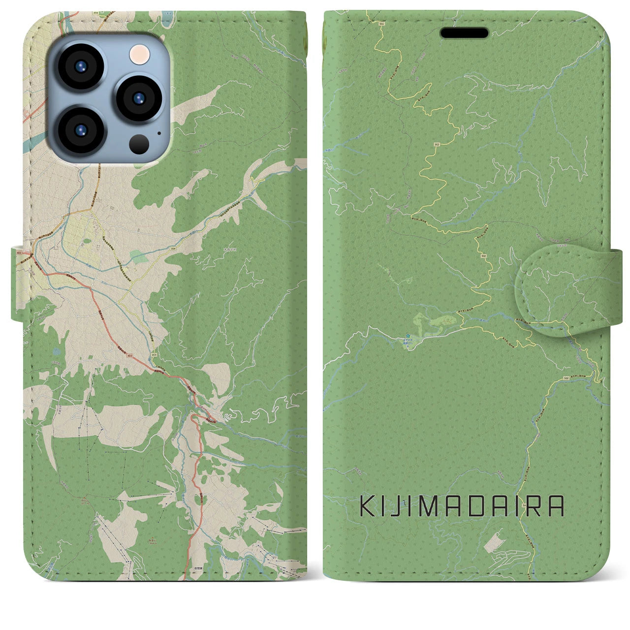 【木島平(長野県)】地図柄iPhoneケース(手帳タイプ)ナチュラル・iPhone 13 Pro Max 用
