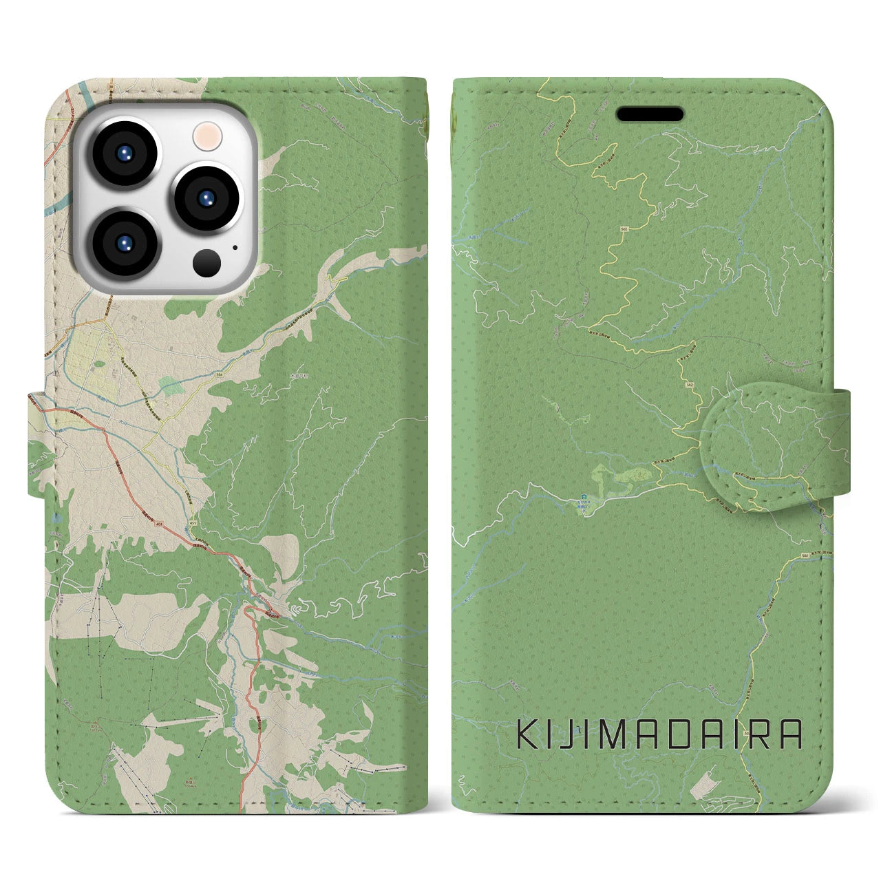 【木島平(長野県)】地図柄iPhoneケース(手帳タイプ)ナチュラル・iPhone 13 Pro 用