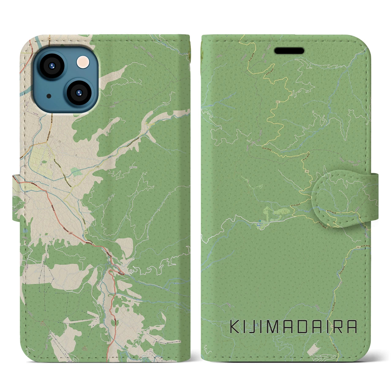 【木島平(長野県)】地図柄iPhoneケース(手帳タイプ)ナチュラル・iPhone 13 用