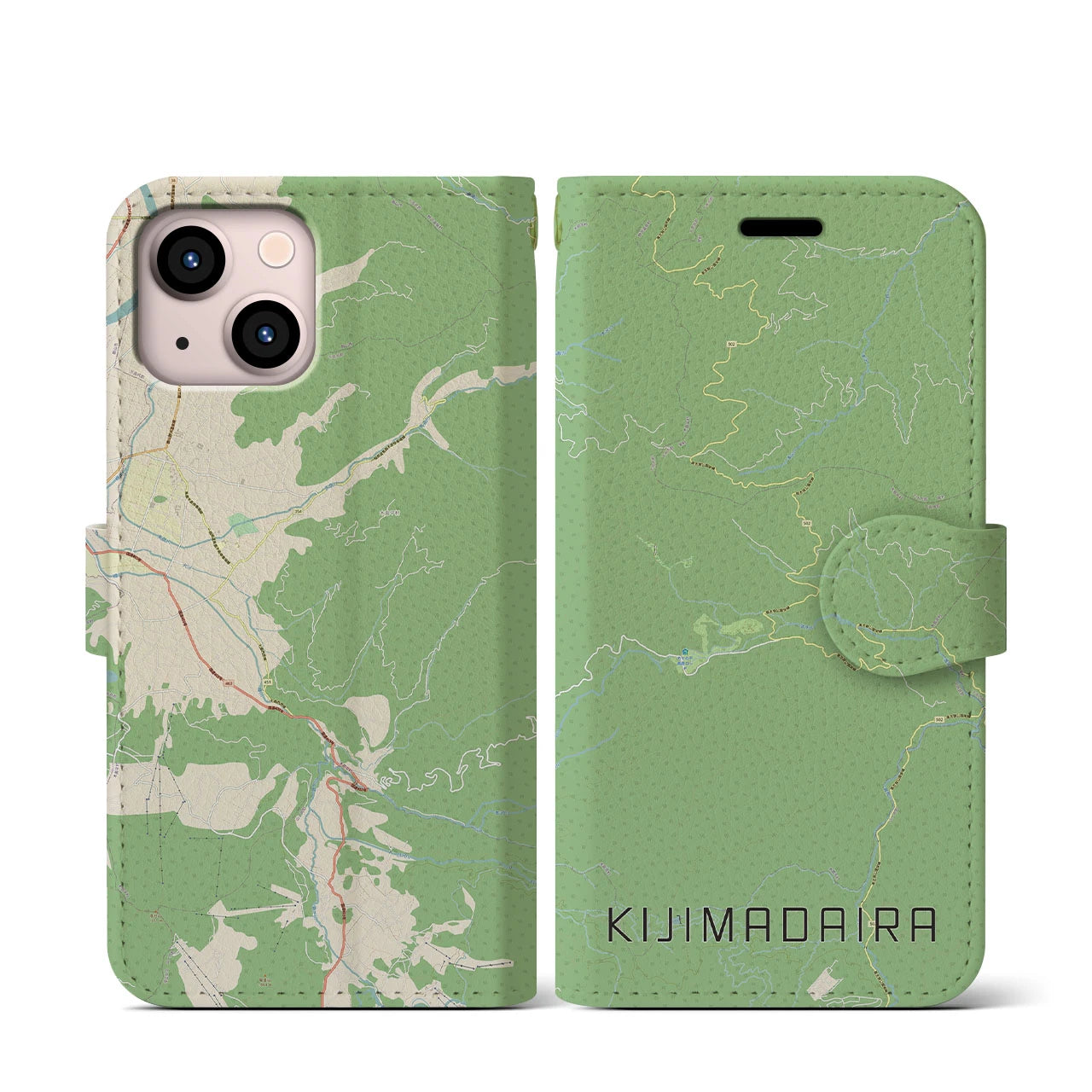 【木島平(長野県)】地図柄iPhoneケース(手帳タイプ)ナチュラル・iPhone 13 mini 用