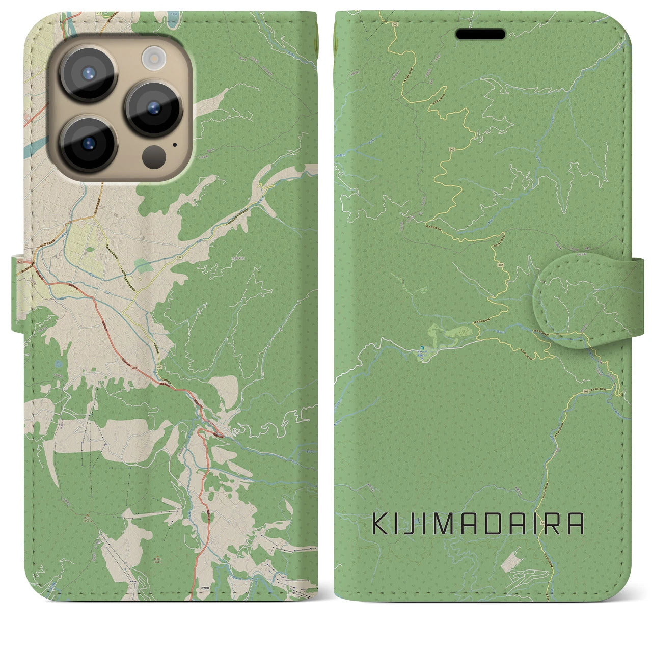 【木島平(長野県)】地図柄iPhoneケース(手帳タイプ)ナチュラル・iPhone 14 Pro Max 用