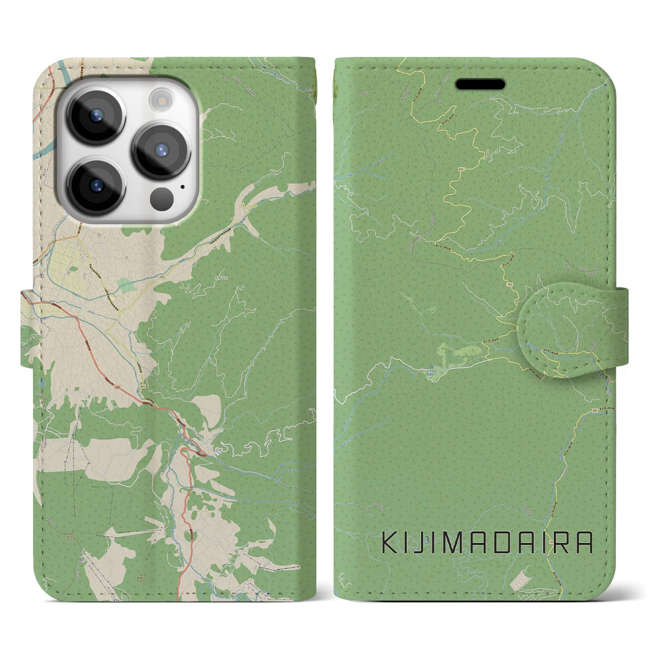 【木島平(長野県)】地図柄iPhoneケース(手帳タイプ)ナチュラル・iPhone 14 Pro 用
