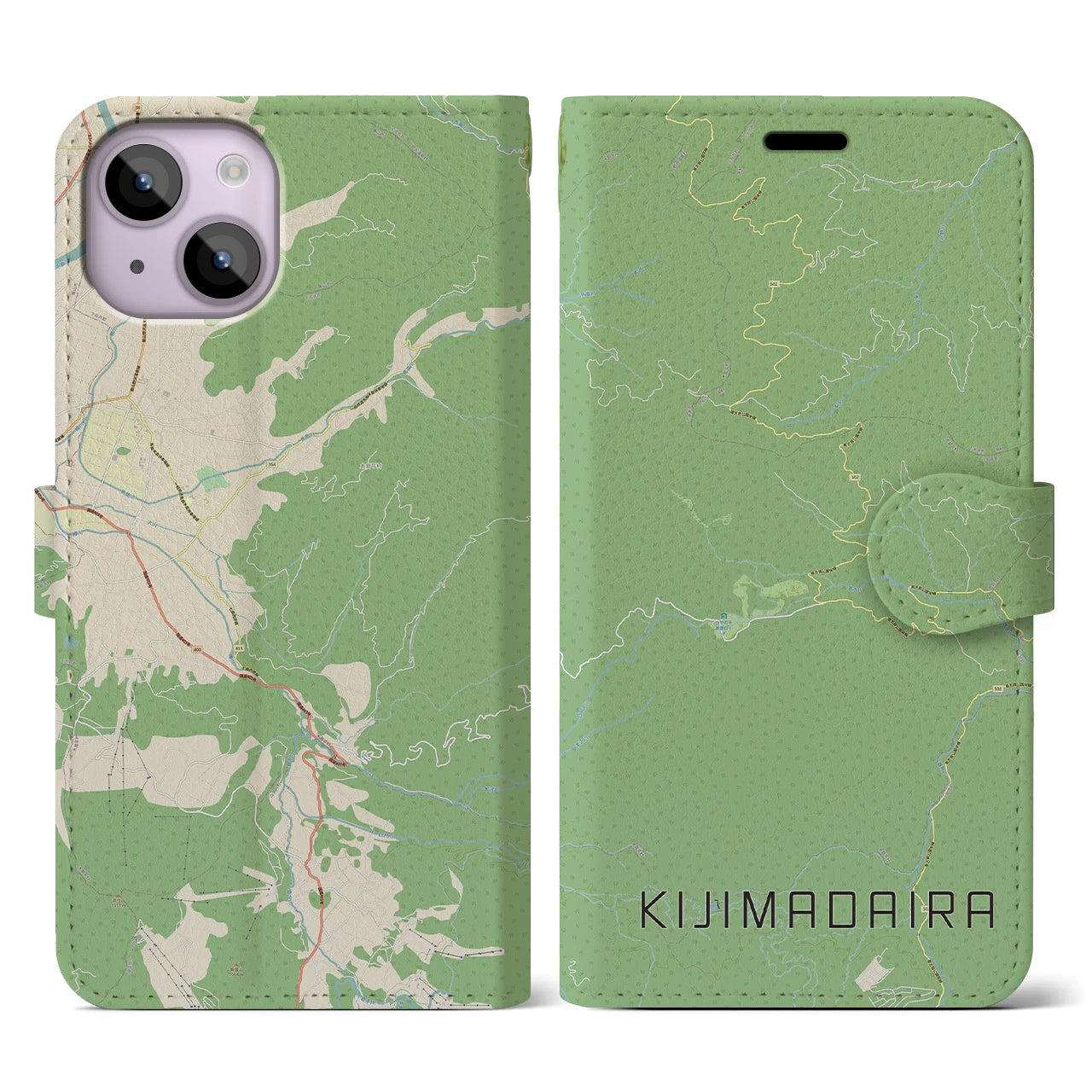 【木島平(長野県)】地図柄iPhoneケース(手帳タイプ)ナチュラル・iPhone 14 用