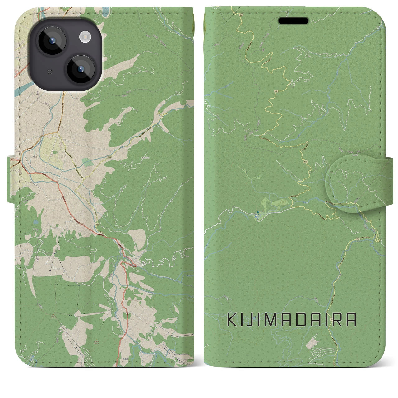 【木島平(長野県)】地図柄iPhoneケース(手帳タイプ)ナチュラル・iPhone 14 Plus 用