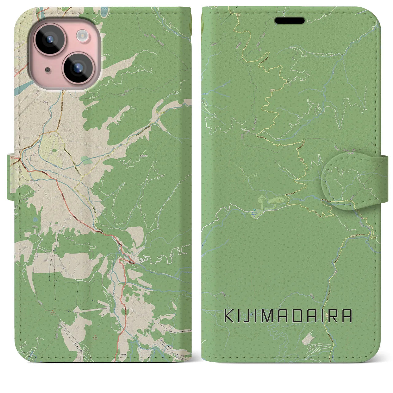 【木島平(長野県)】地図柄iPhoneケース(手帳タイプ)ナチュラル・iPhone 15 Plus 用