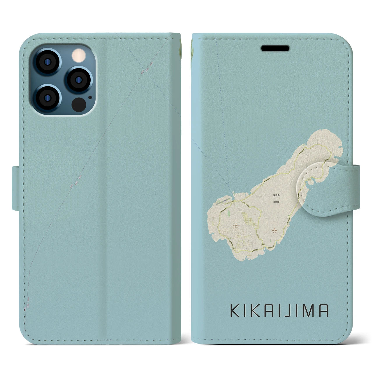 【喜界島(鹿児島県)】地図柄iPhoneケース(手帳タイプ)ナチュラル・iPhone 12 / 12 Pro 用