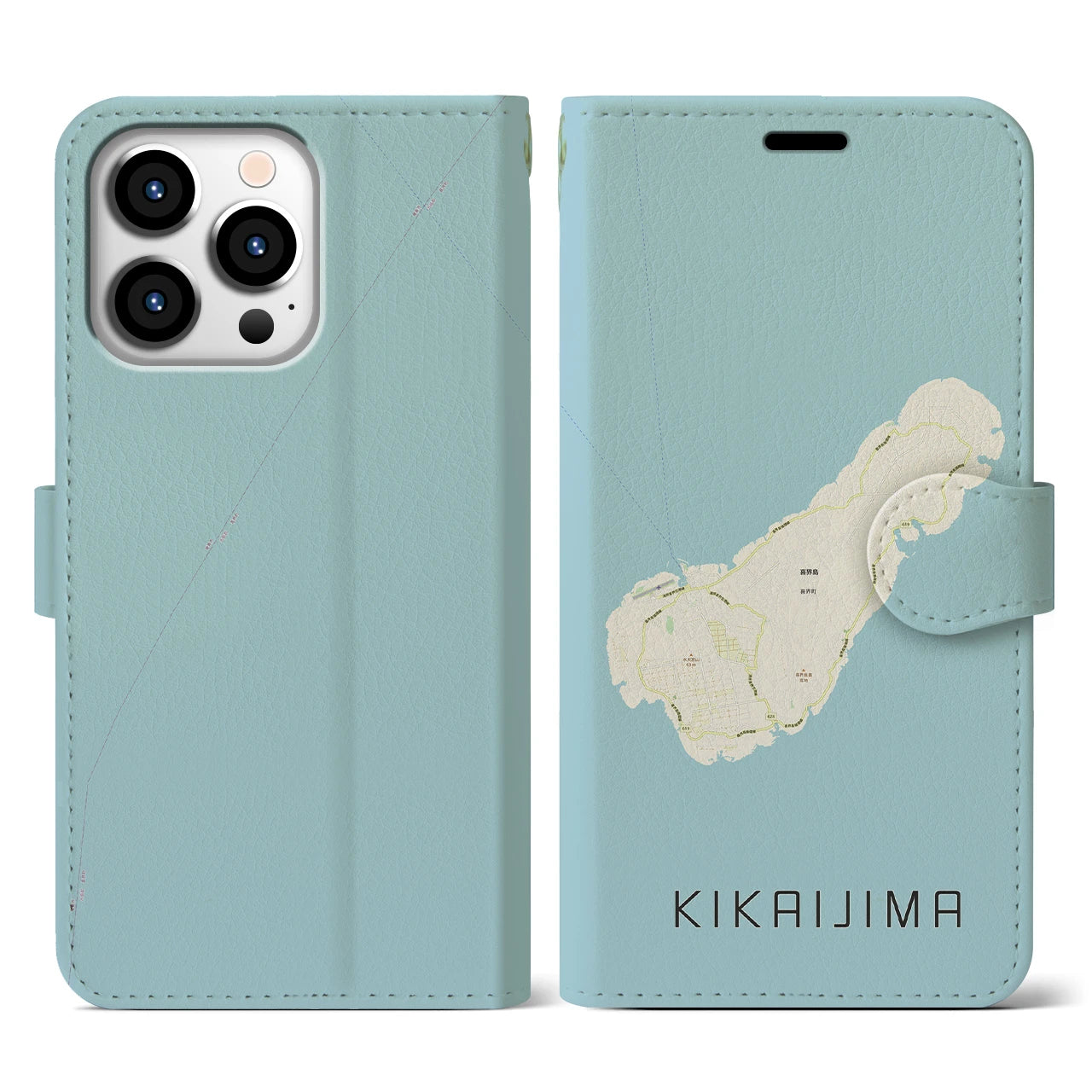 【喜界島(鹿児島県)】地図柄iPhoneケース(手帳タイプ)ナチュラル・iPhone 13 Pro 用