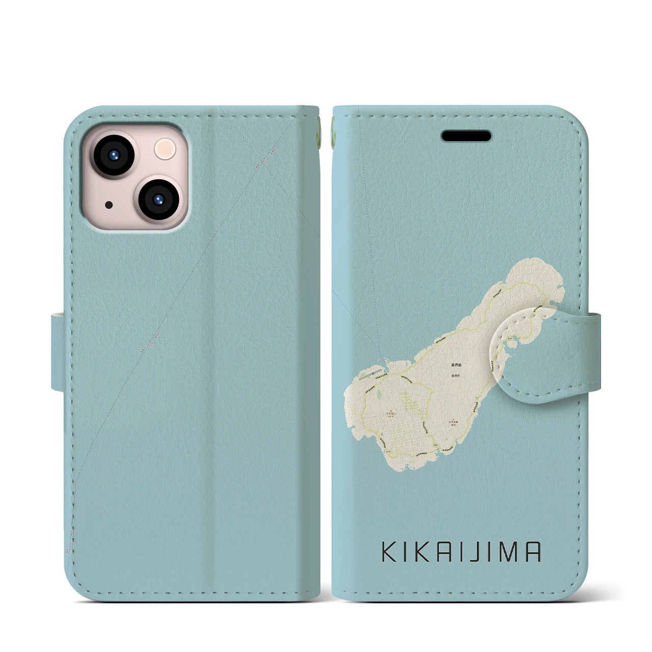 【喜界島(鹿児島県)】地図柄iPhoneケース(手帳タイプ)ナチュラル・iPhone 13 mini 用