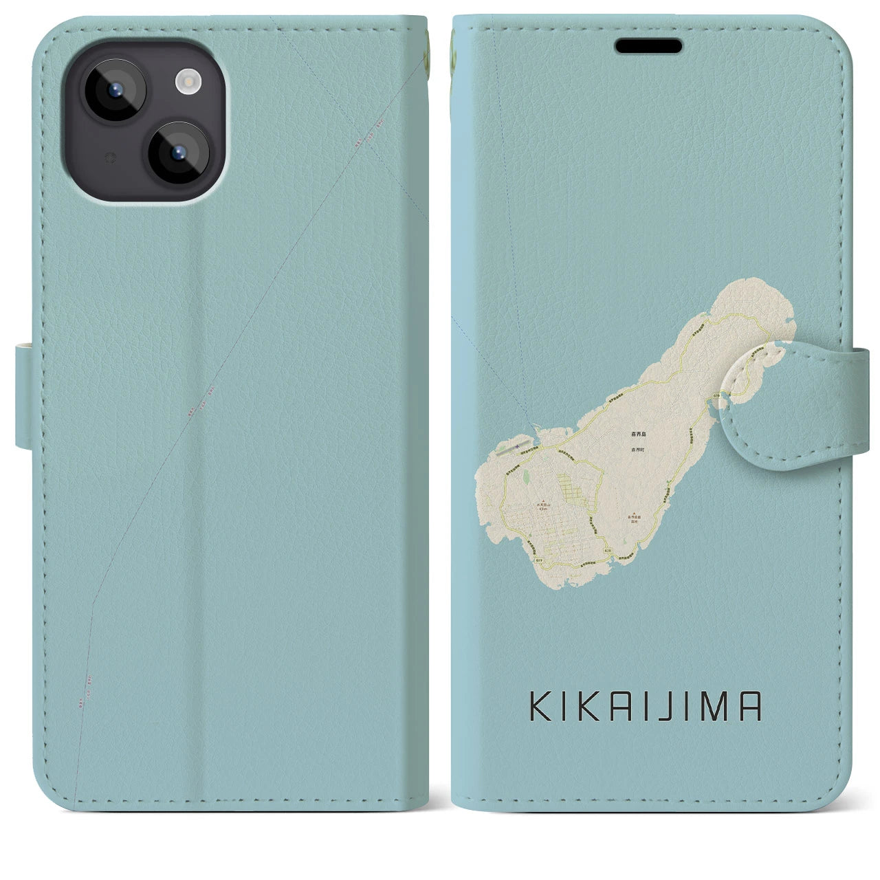 【喜界島(鹿児島県)】地図柄iPhoneケース(手帳タイプ)ナチュラル・iPhone 14 Plus 用
