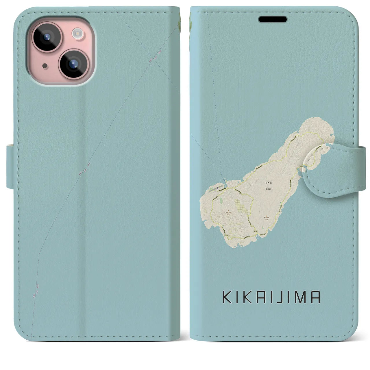 【喜界島(鹿児島県)】地図柄iPhoneケース(手帳タイプ)ナチュラル・iPhone 15 Plus 用