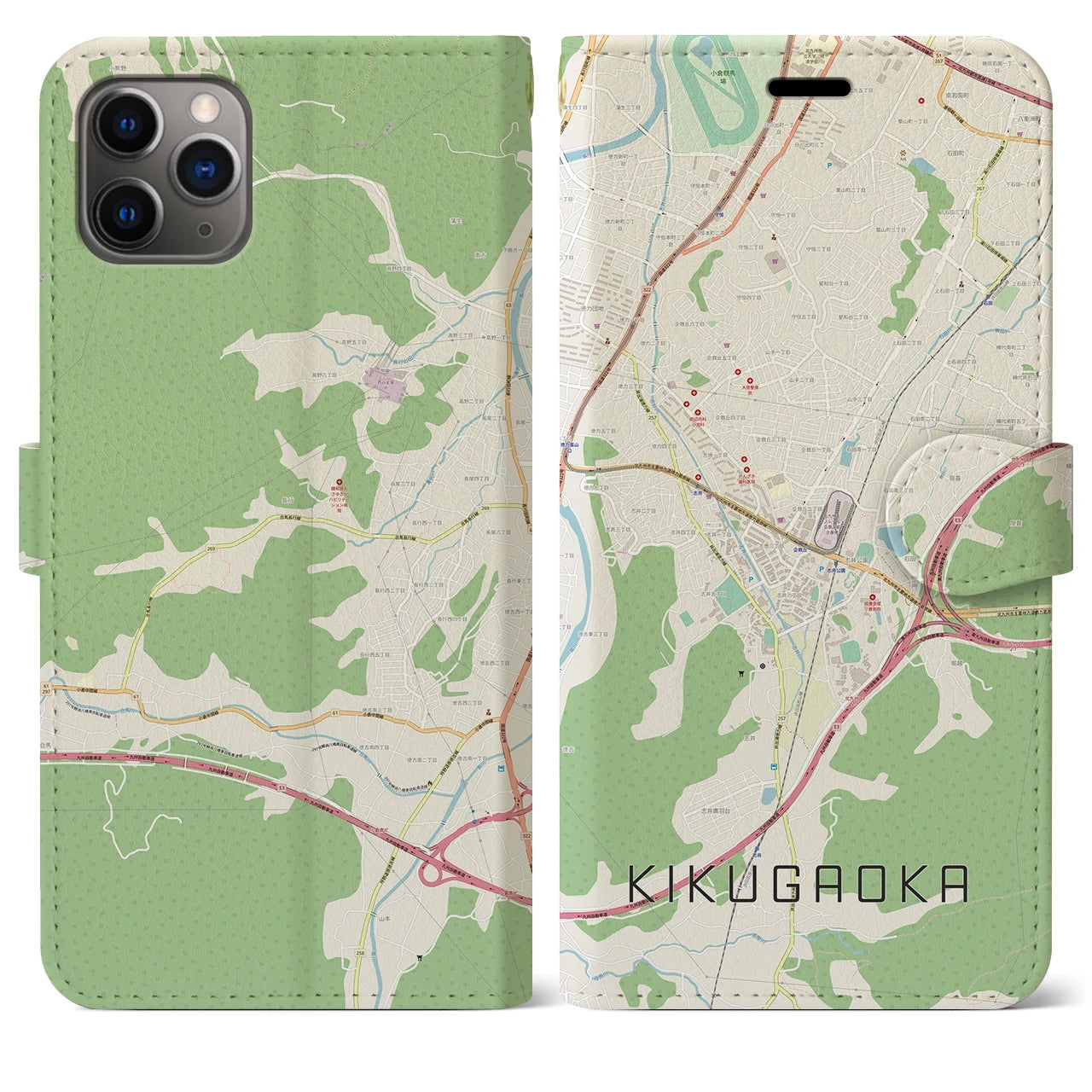 【企救丘(福岡県)】地図柄iPhoneケース(手帳タイプ)ナチュラル・iPhone 11 Pro Max 用