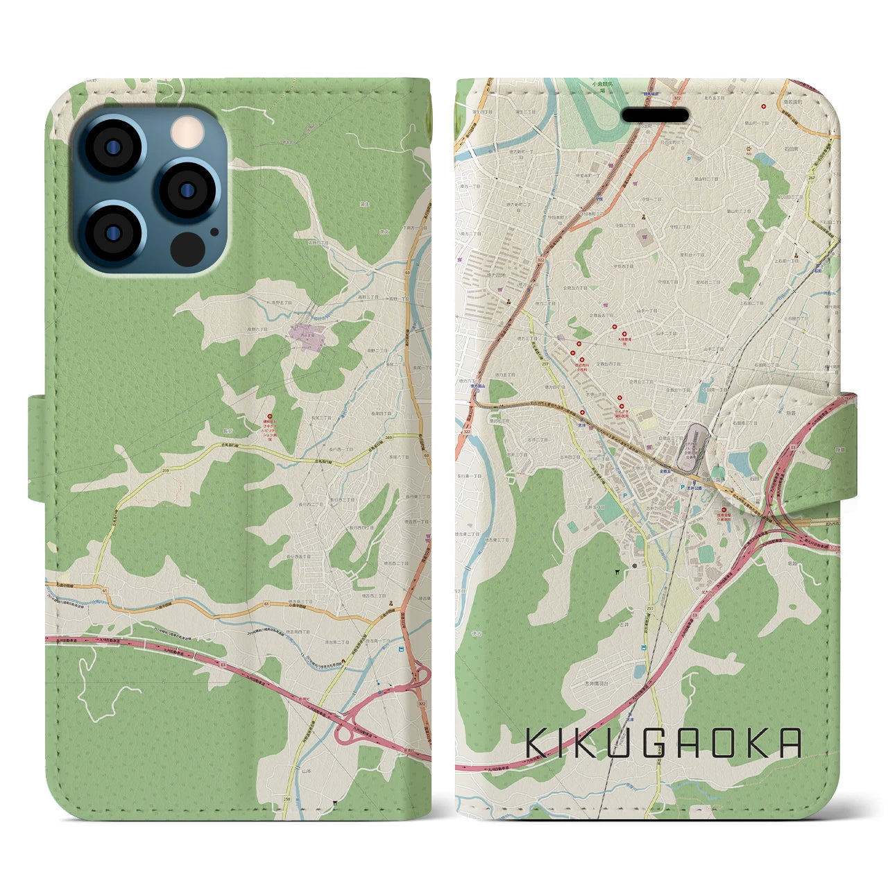 【企救丘(福岡県)】地図柄iPhoneケース(手帳タイプ)ナチュラル・iPhone 12 / 12 Pro 用
