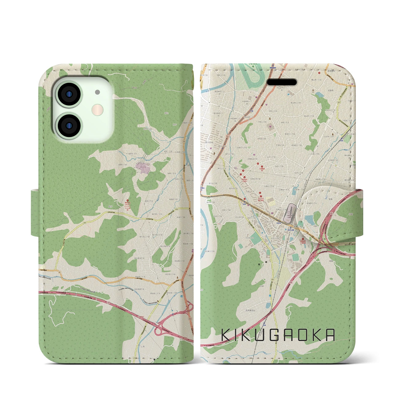 【企救丘(福岡県)】地図柄iPhoneケース(手帳タイプ)ナチュラル・iPhone 12 mini 用