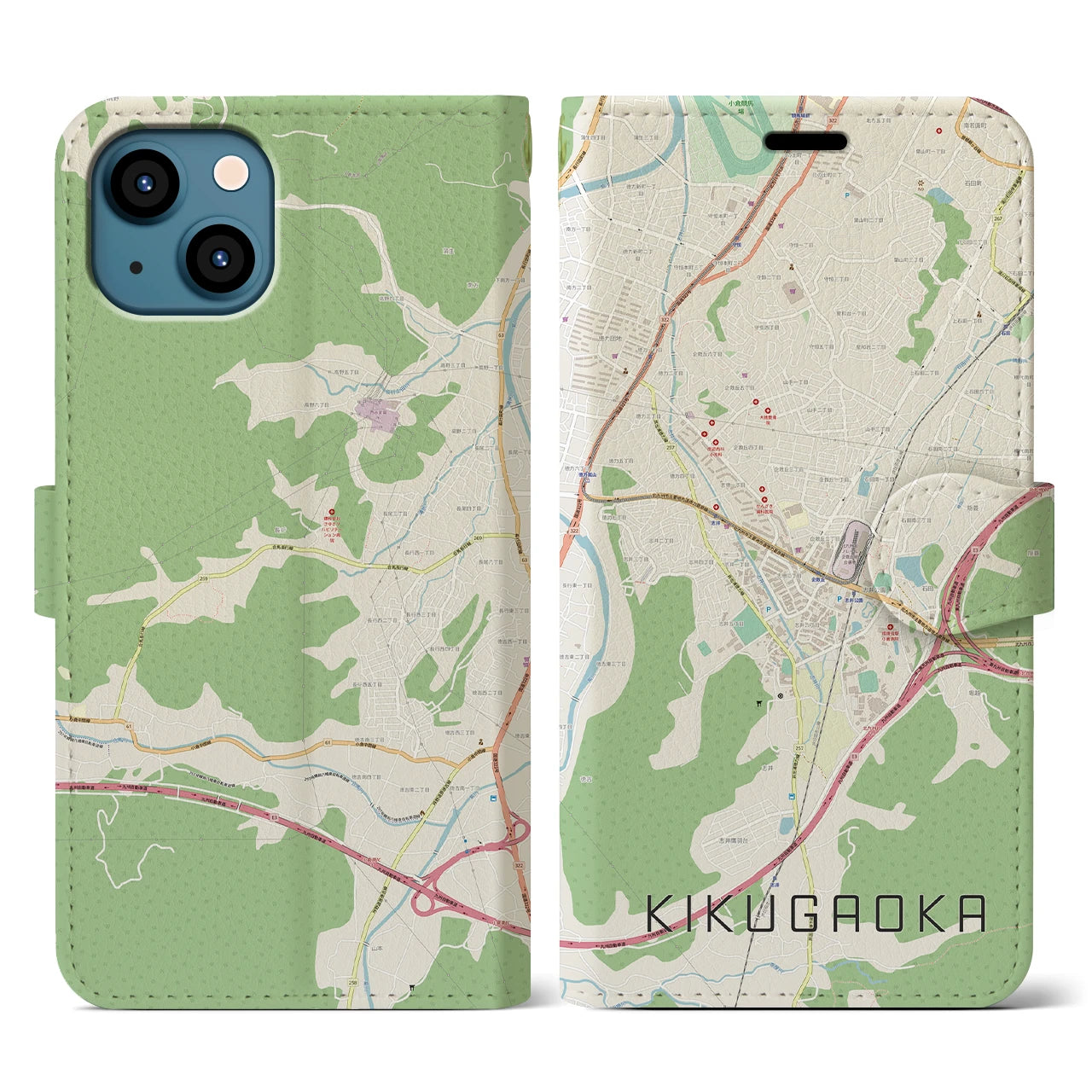 【企救丘(福岡県)】地図柄iPhoneケース(手帳タイプ)ナチュラル・iPhone 13 用