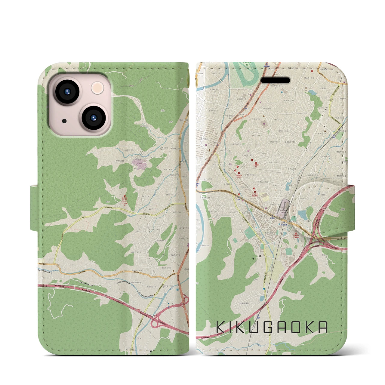 【企救丘(福岡県)】地図柄iPhoneケース(手帳タイプ)ナチュラル・iPhone 13 mini 用