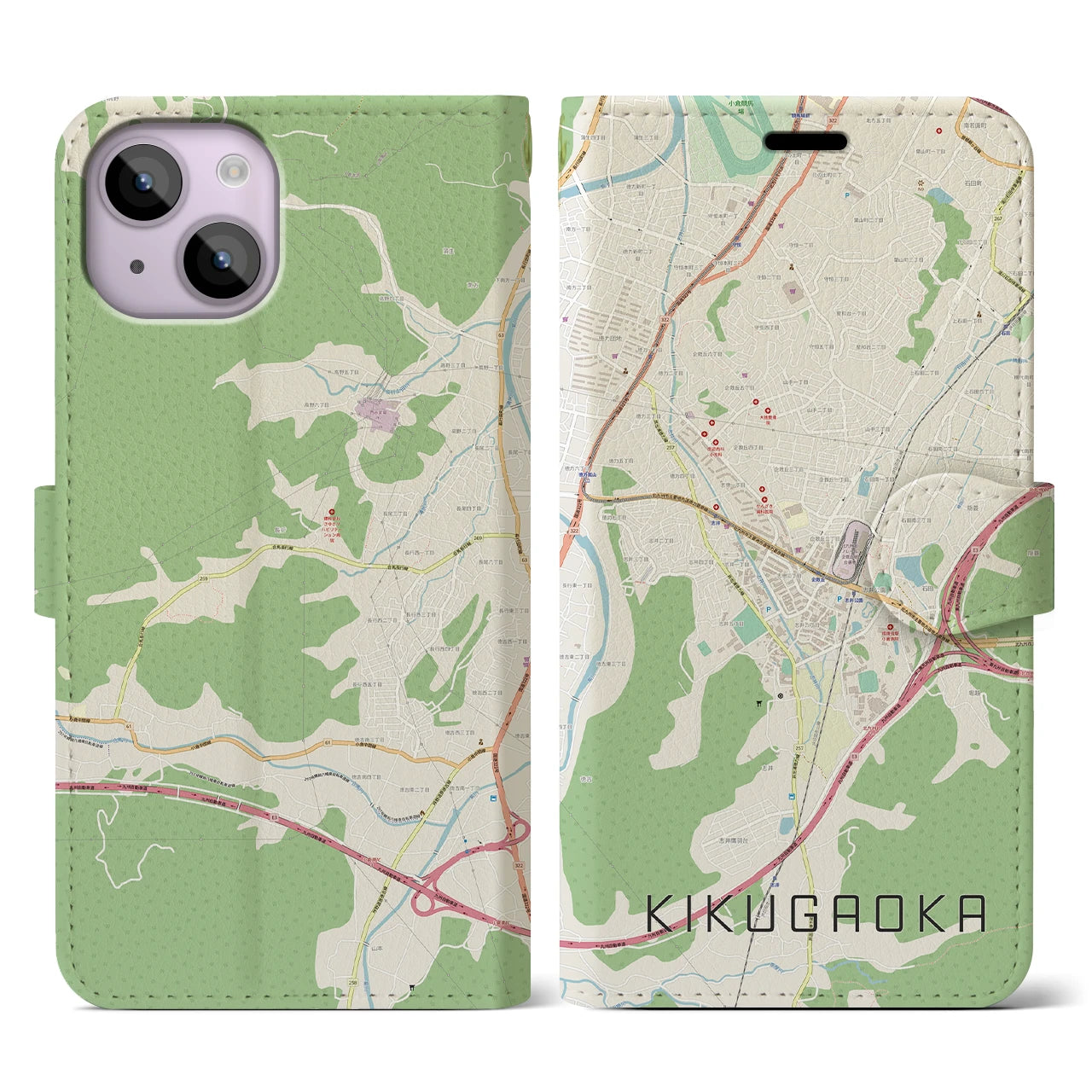 【企救丘(福岡県)】地図柄iPhoneケース(手帳タイプ)ナチュラル・iPhone 14 用