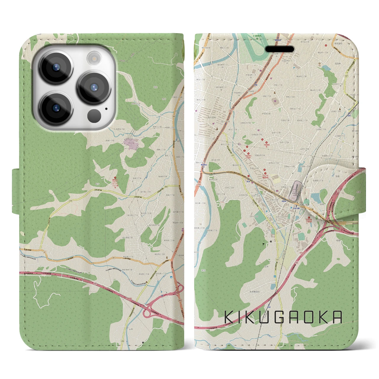 【企救丘(福岡県)】地図柄iPhoneケース(手帳タイプ)ナチュラル・iPhone 14 Pro 用