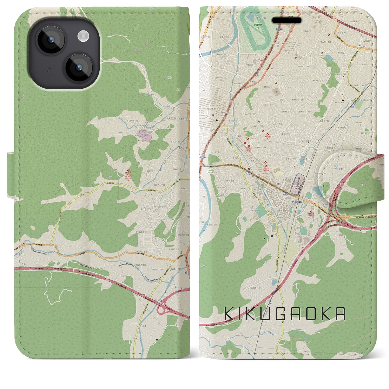 【企救丘(福岡県)】地図柄iPhoneケース(手帳タイプ)ナチュラル・iPhone 14 Plus 用