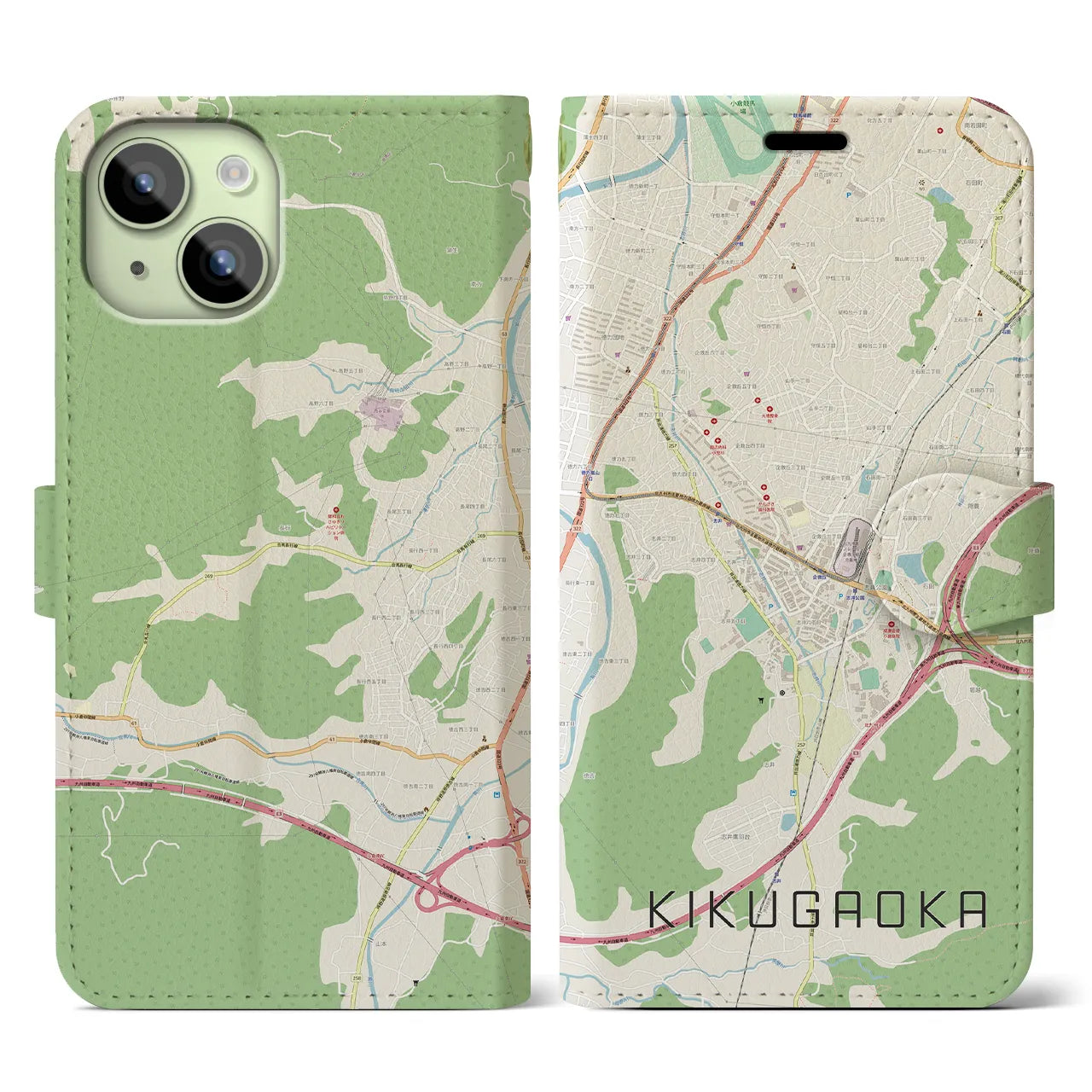 【企救丘(福岡県)】地図柄iPhoneケース(手帳タイプ)ナチュラル・iPhone 15 用