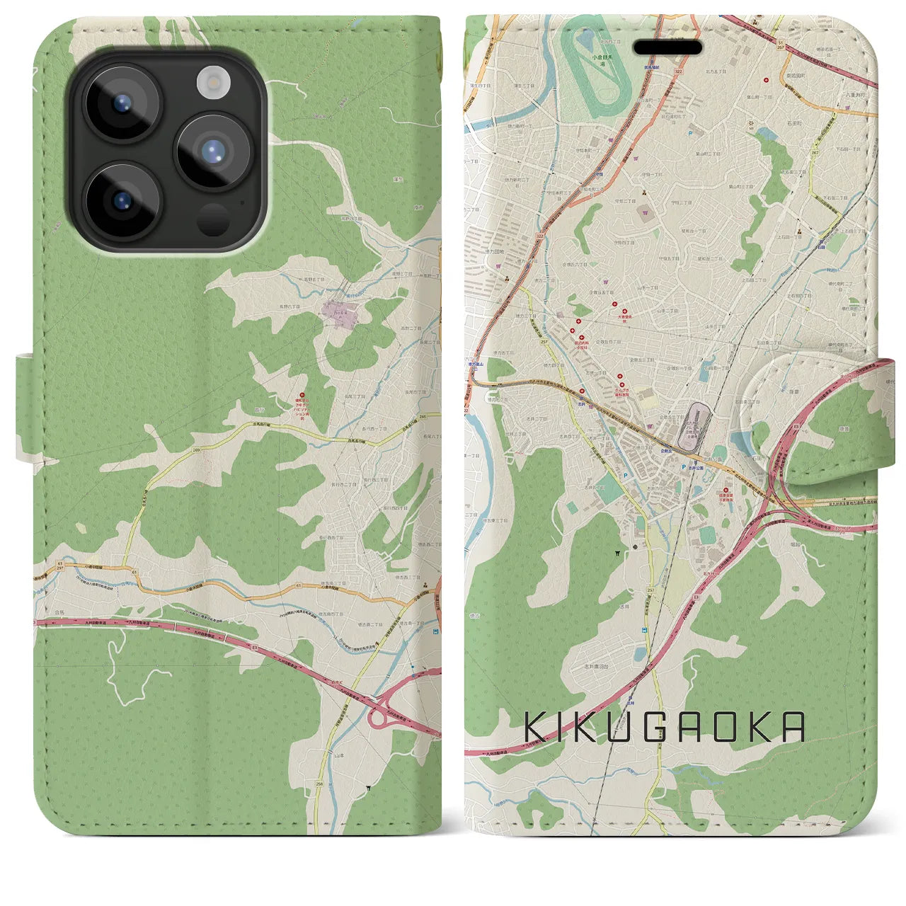 【企救丘(福岡県)】地図柄iPhoneケース(手帳タイプ)ナチュラル・iPhone 15 Pro Max 用