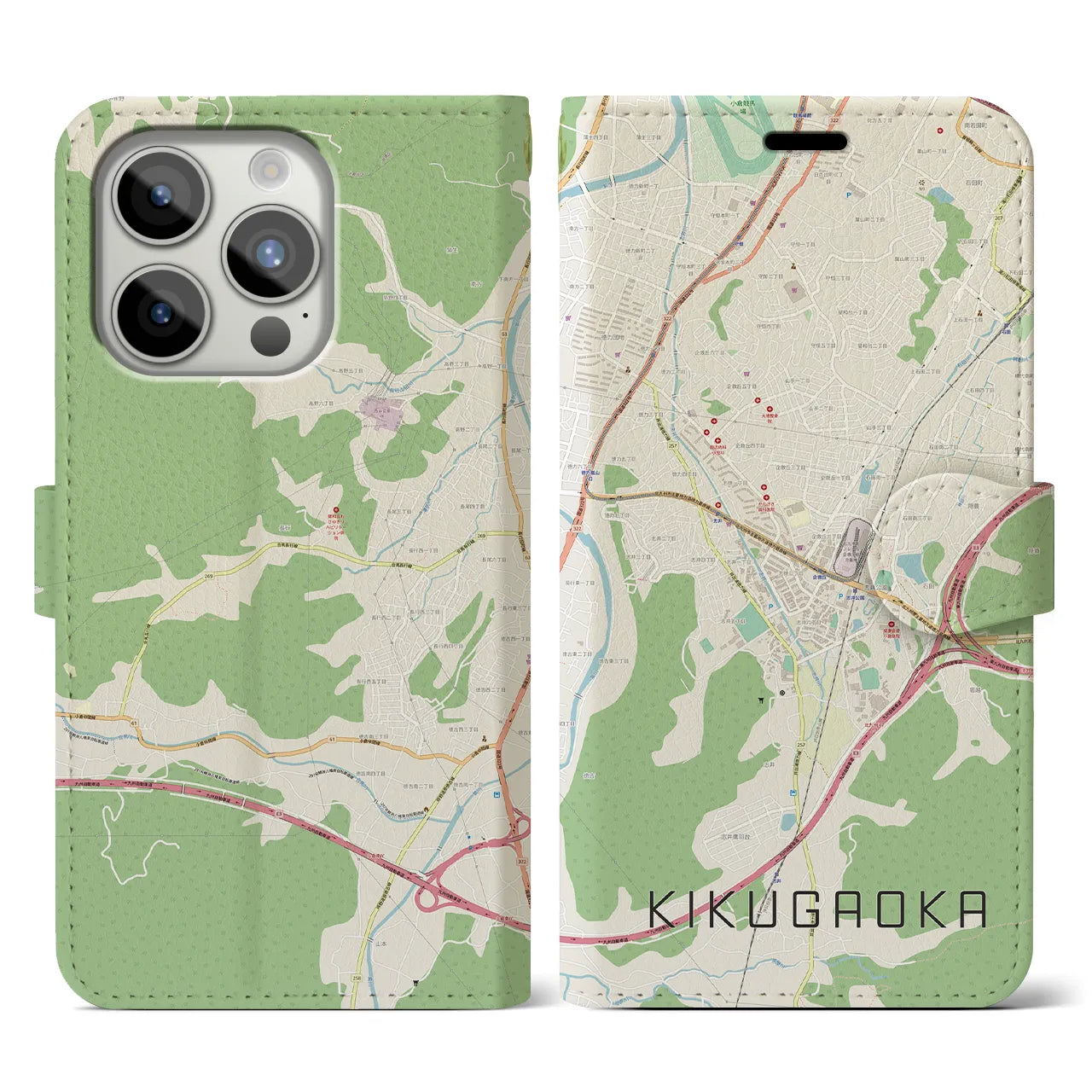 【企救丘(福岡県)】地図柄iPhoneケース(手帳タイプ)ナチュラル・iPhone 15 Pro 用