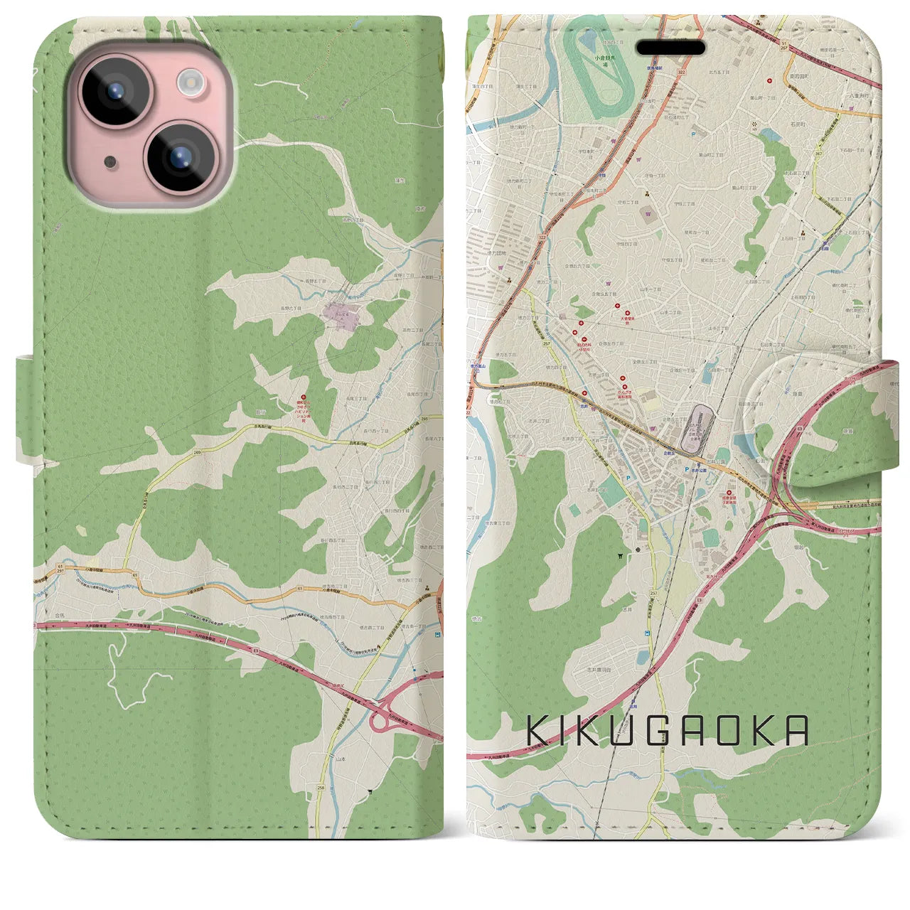 【企救丘(福岡県)】地図柄iPhoneケース(手帳タイプ)ナチュラル・iPhone 15 Plus 用