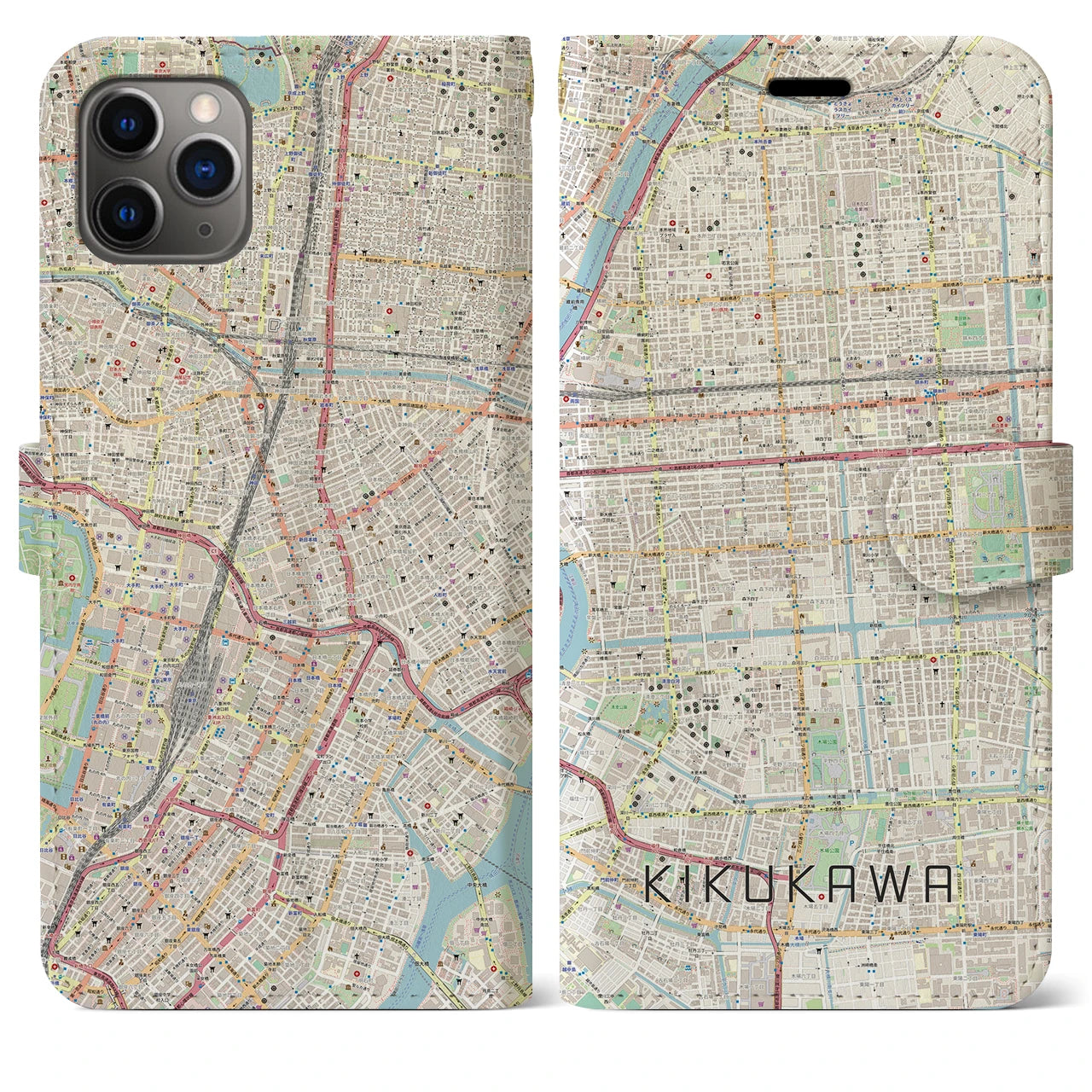 【菊川(東京都)】地図柄iPhoneケース(手帳タイプ)ナチュラル・iPhone 11 Pro Max 用