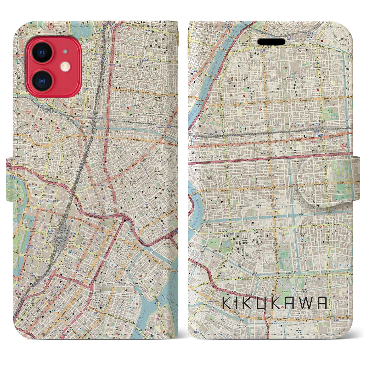 【菊川(東京都)】地図柄iPhoneケース(手帳タイプ)ナチュラル・iPhone 11 用