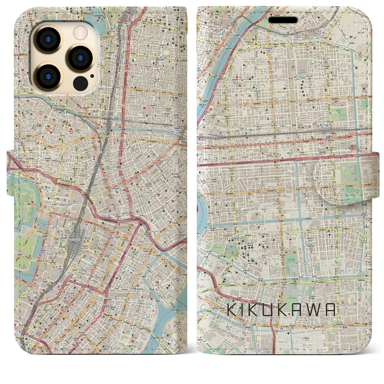 【菊川(東京都)】地図柄iPhoneケース(手帳タイプ)ナチュラル・iPhone 12 Pro Max 用