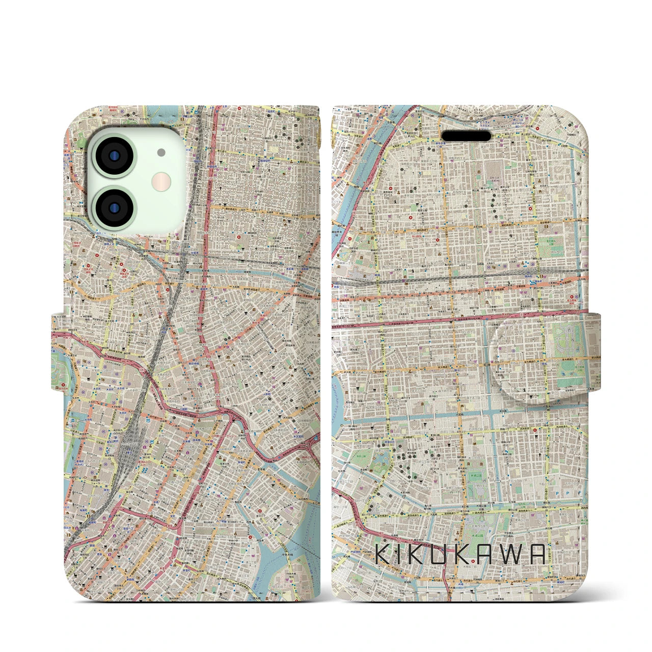 【菊川(東京都)】地図柄iPhoneケース(手帳タイプ)ナチュラル・iPhone 12 mini 用