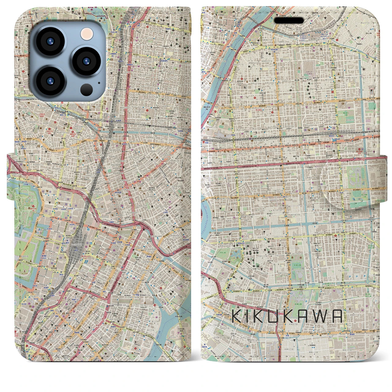 【菊川(東京都)】地図柄iPhoneケース(手帳タイプ)ナチュラル・iPhone 13 Pro Max 用