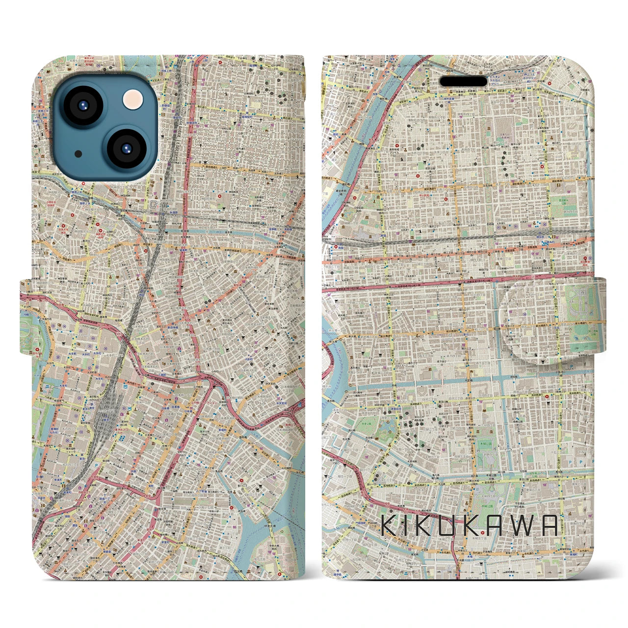 【菊川(東京都)】地図柄iPhoneケース(手帳タイプ)ナチュラル・iPhone 13 用