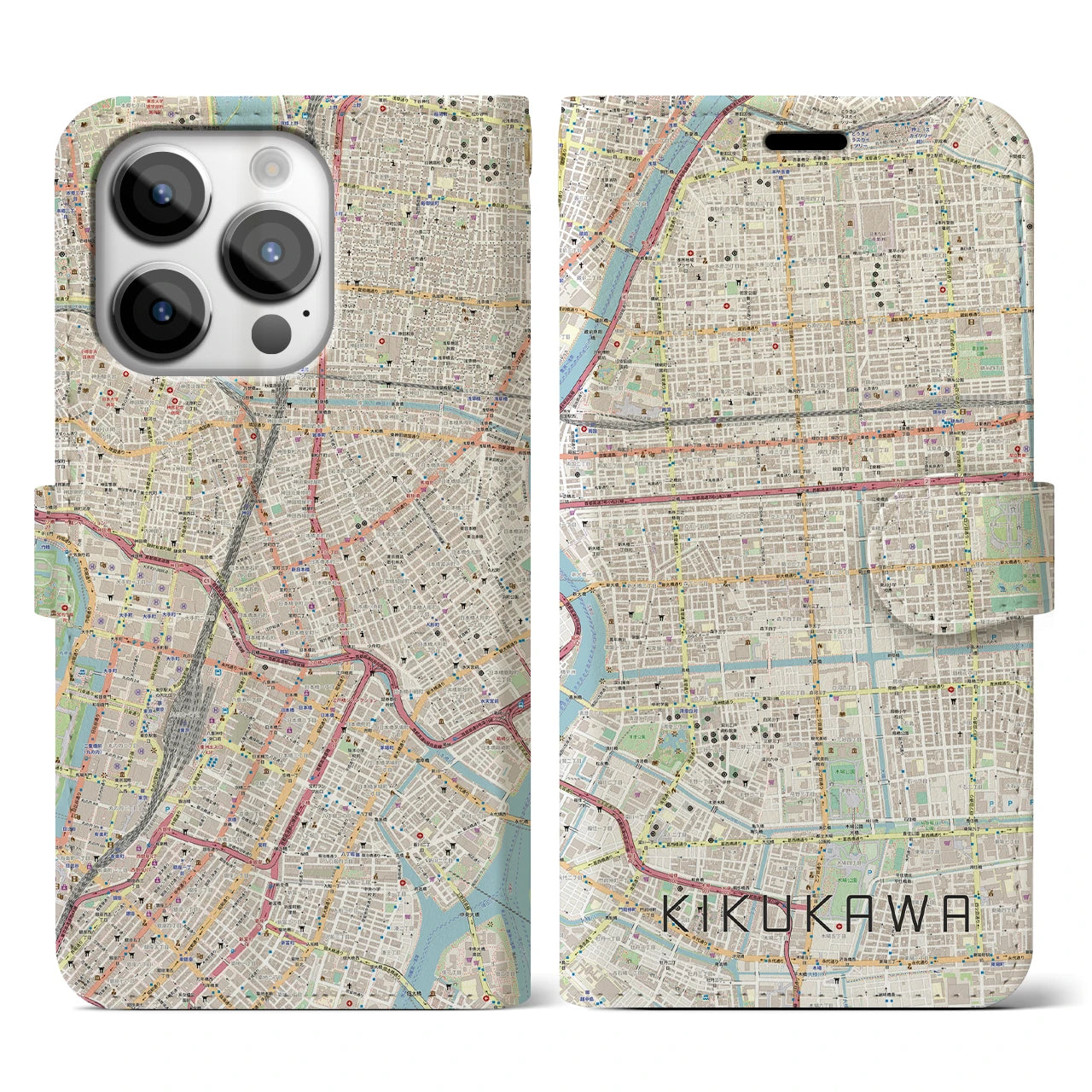 【菊川(東京都)】地図柄iPhoneケース(手帳タイプ)ナチュラル・iPhone 14 Pro 用