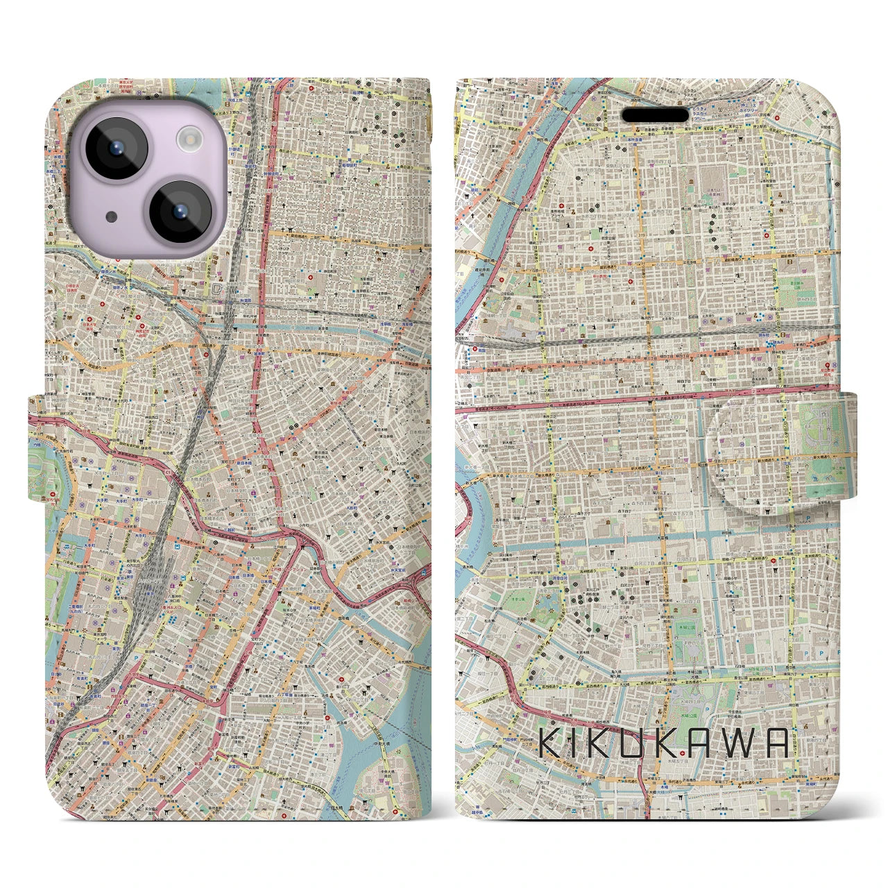 【菊川(東京都)】地図柄iPhoneケース(手帳タイプ)ナチュラル・iPhone 14 用