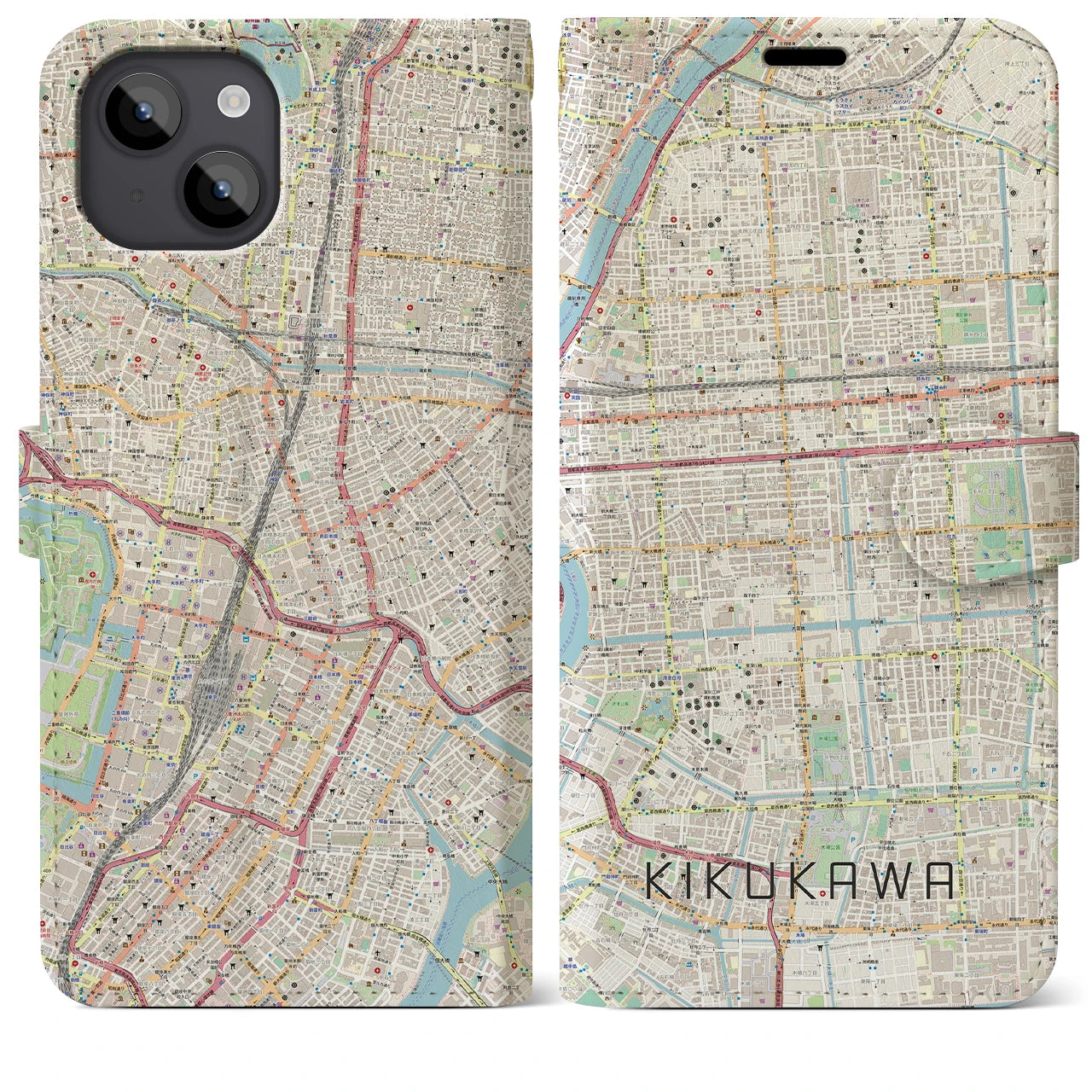 【菊川(東京都)】地図柄iPhoneケース(手帳タイプ)ナチュラル・iPhone 14 Plus 用