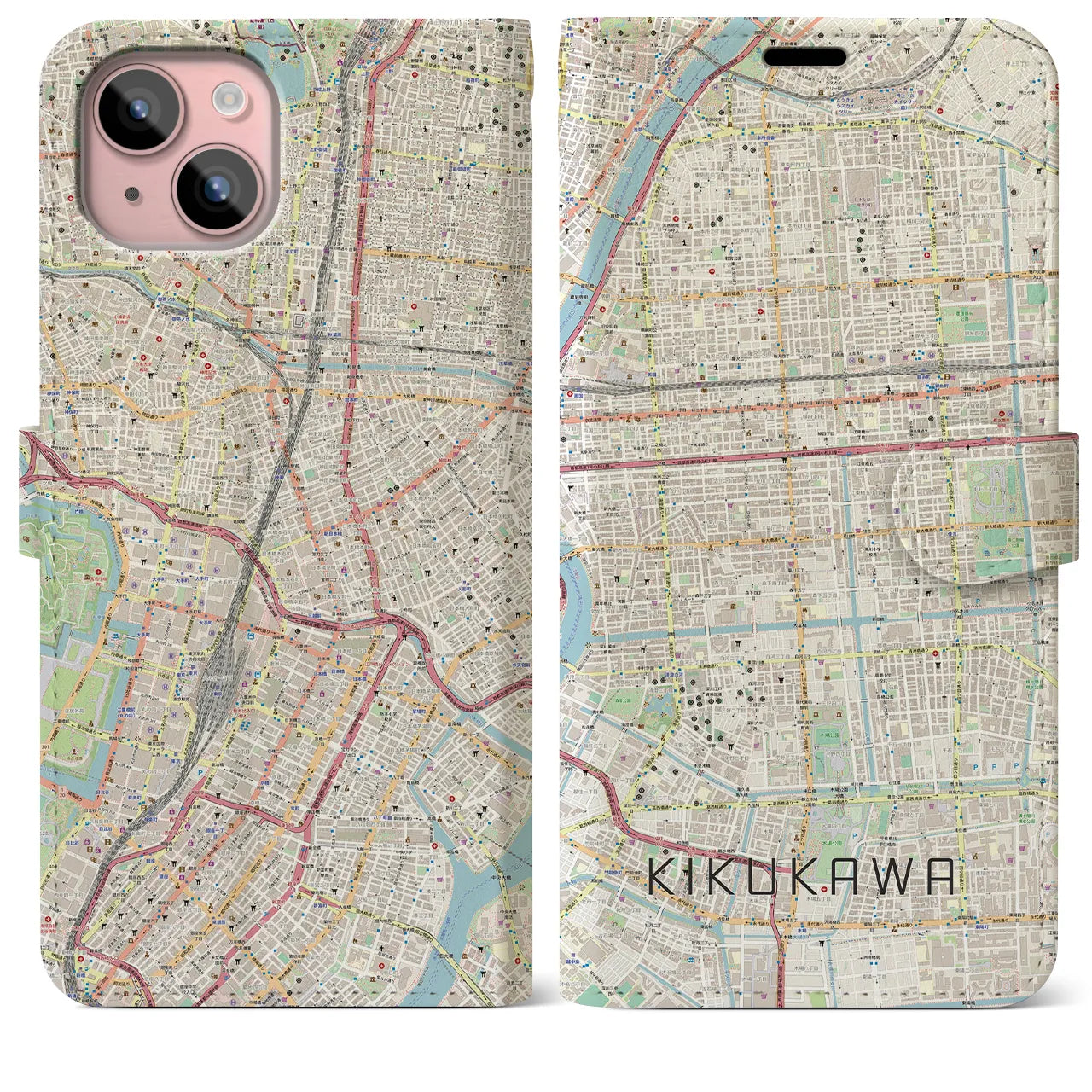 【菊川(東京都)】地図柄iPhoneケース(手帳タイプ)ナチュラル・iPhone 15 Plus 用