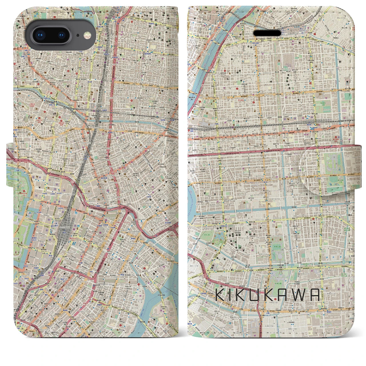 【菊川(東京都)】地図柄iPhoneケース(手帳タイプ)ナチュラル・iPhone 8Plus /7Plus / 6sPlus / 6Plus 用