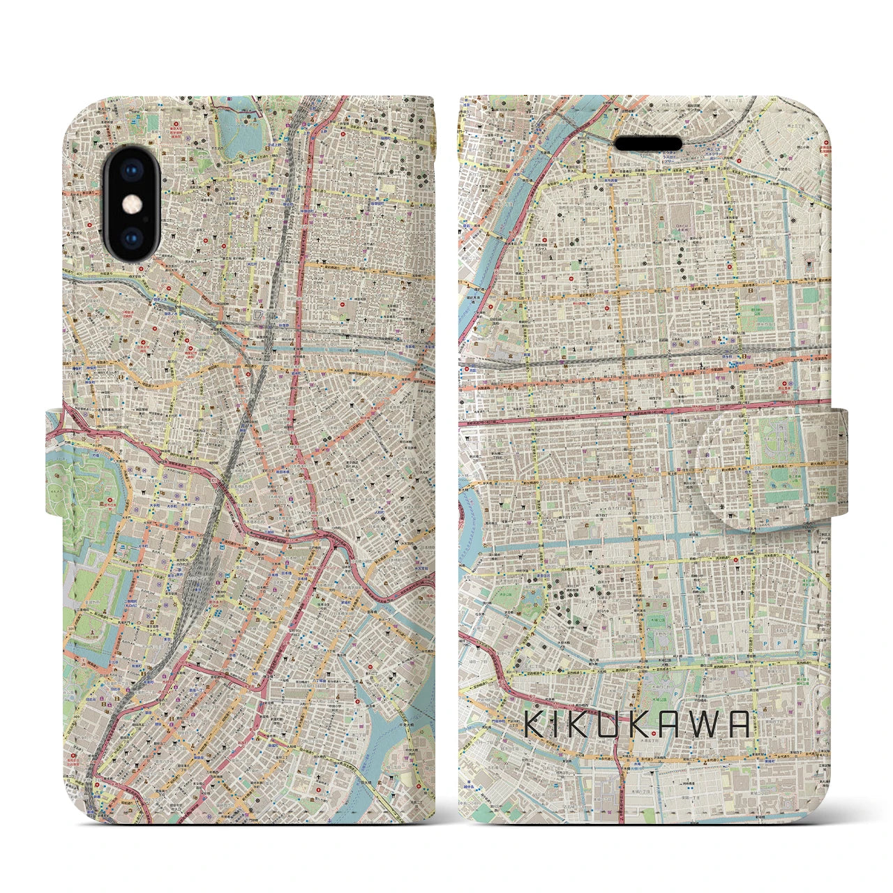 【菊川(東京都)】地図柄iPhoneケース(手帳タイプ)ナチュラル・iPhone XS / X 用