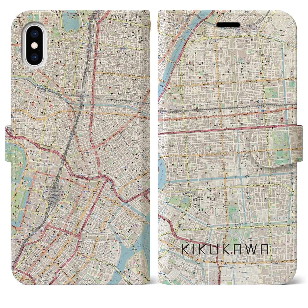 【菊川(東京都)】地図柄iPhoneケース(手帳タイプ)ナチュラル・iPhone XS Max 用