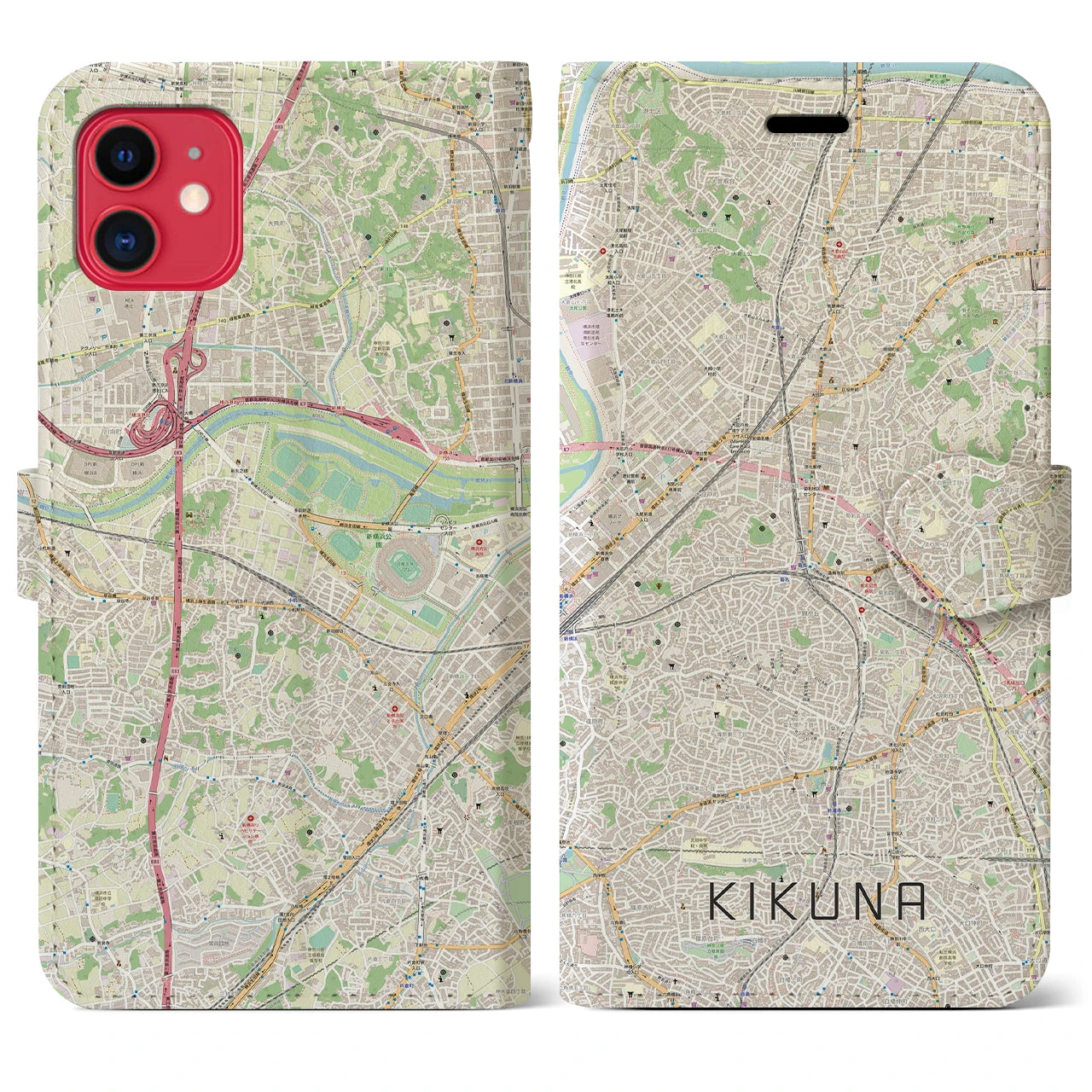 【菊名(神奈川県)】地図柄iPhoneケース(手帳タイプ)ナチュラル・iPhone 11 用