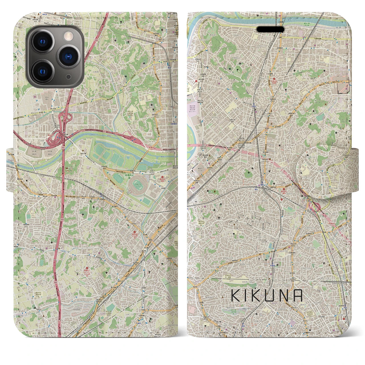 【菊名(神奈川県)】地図柄iPhoneケース(手帳タイプ)ナチュラル・iPhone 11 Pro Max 用