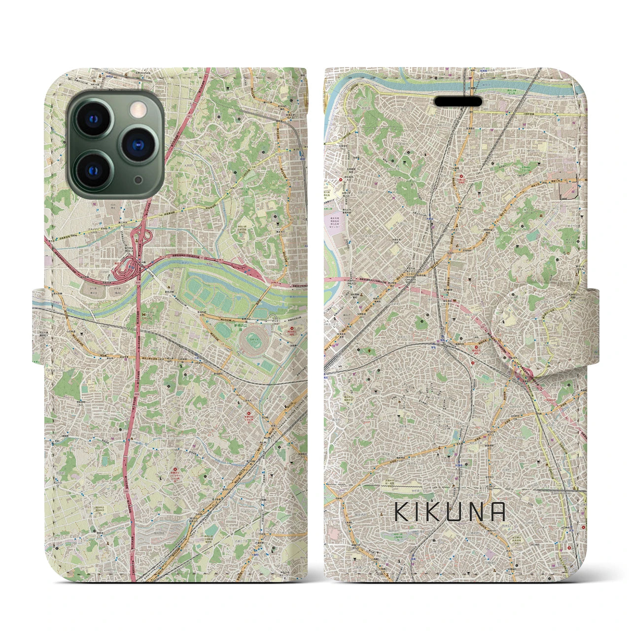 【菊名(神奈川県)】地図柄iPhoneケース(手帳タイプ)ナチュラル・iPhone 11 Pro 用