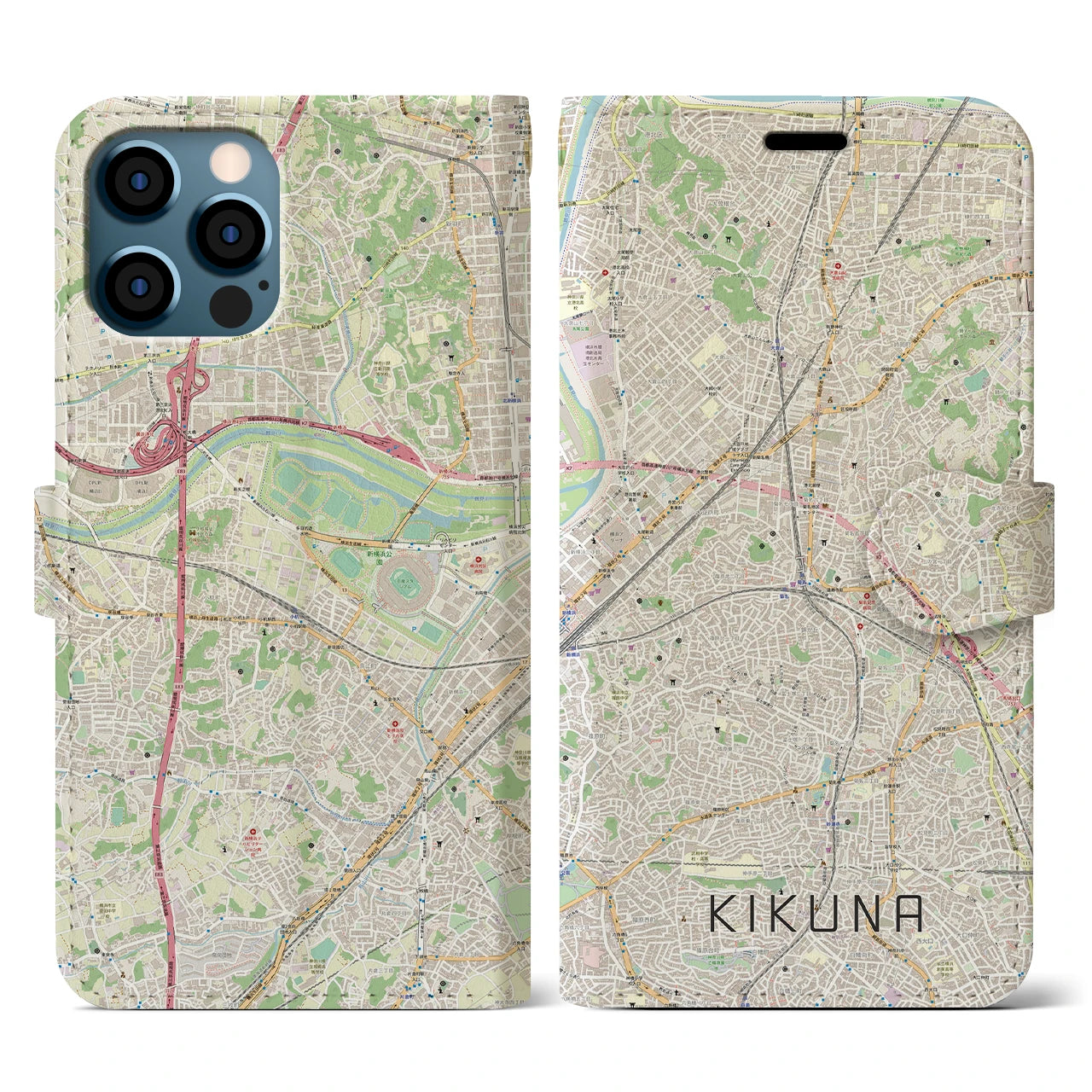 【菊名(神奈川県)】地図柄iPhoneケース(手帳タイプ)ナチュラル・iPhone 12 / 12 Pro 用